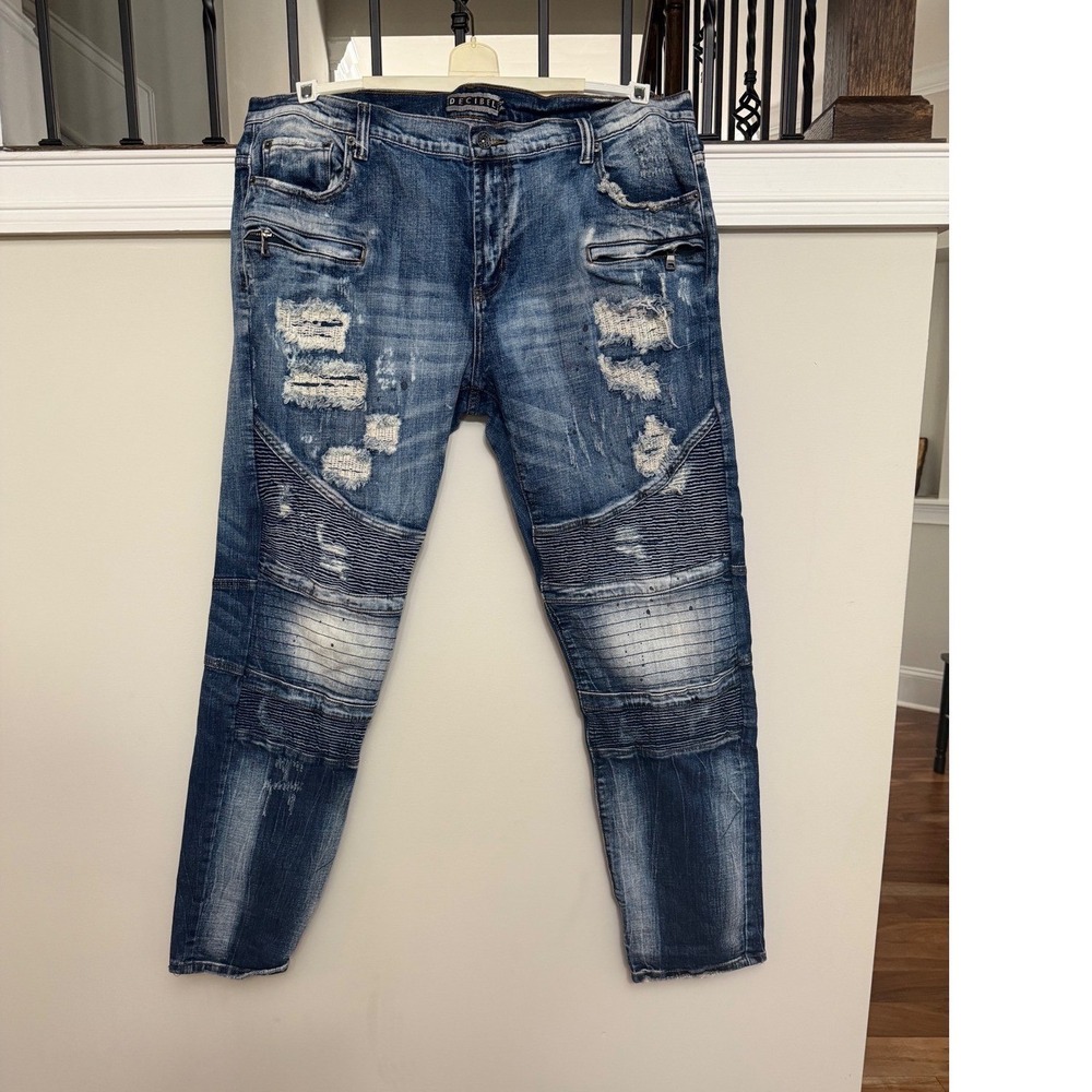 Decibel Mens Blue Distressed Moto Jeans Paint Splatter Ribbed 42W 34L Streetwear